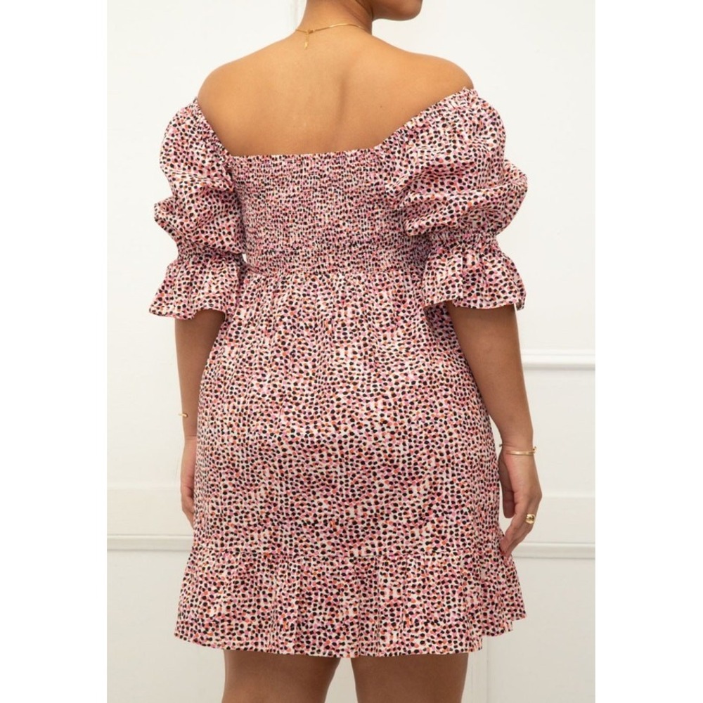 ELOQUII Elements Smocked Bodice Puff Sleeve Dress Pink Black Print 18 Chic - Picture 2 of 15